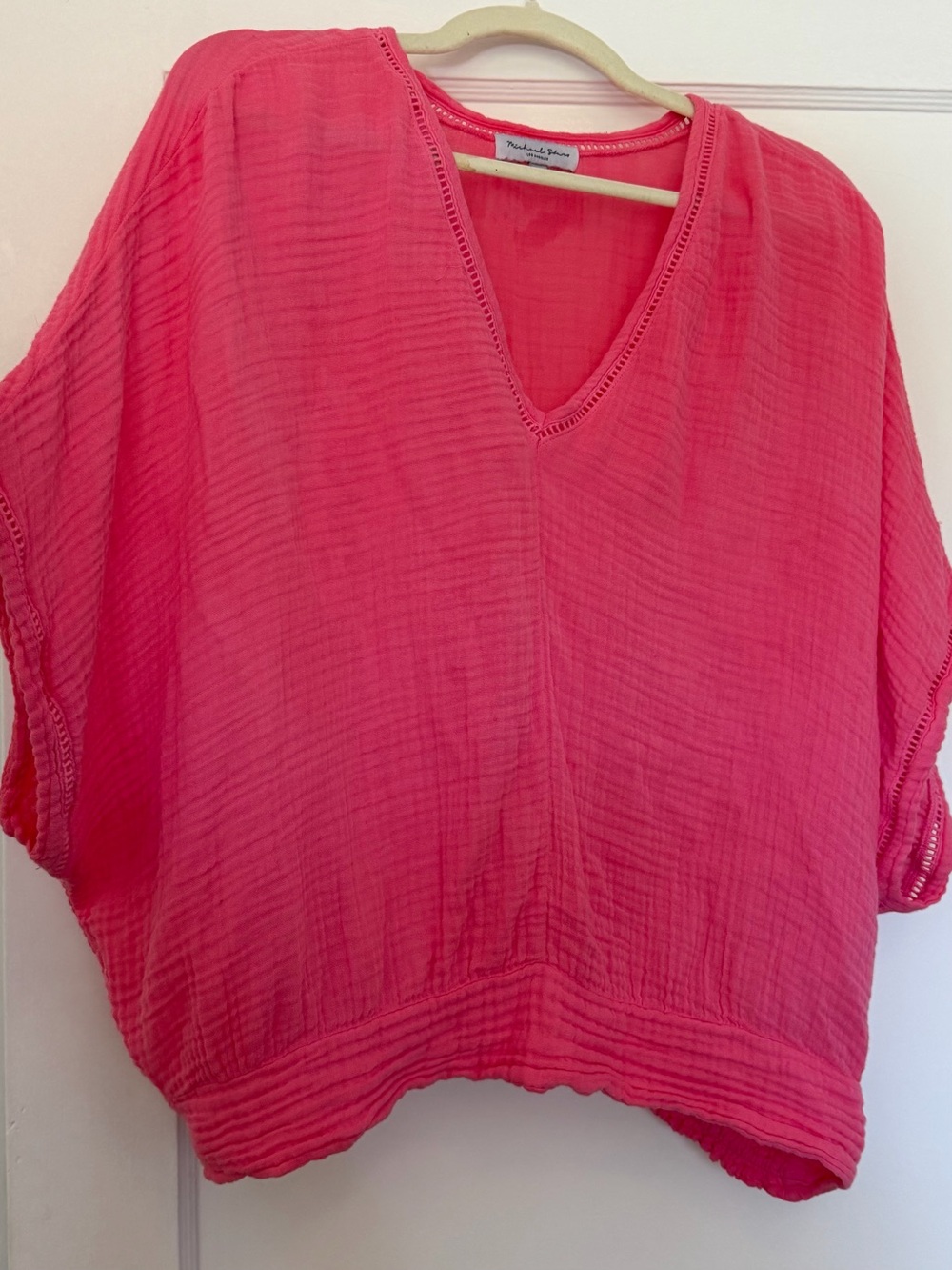Michael Stars Pink Cotton Double-Gauze V-Neck Smocked Hem Top XL